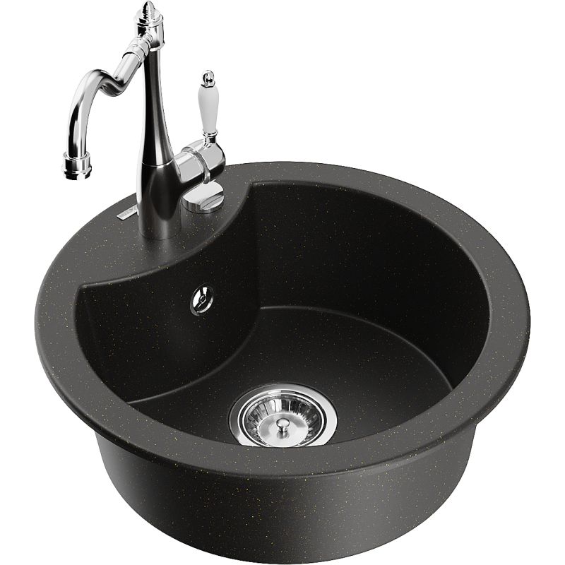 Zlewozmywak granitowy 1-komorowy Mexen Diego z baterią kuchenną Carla czarny/złoty metalik 6512-75-670700-00