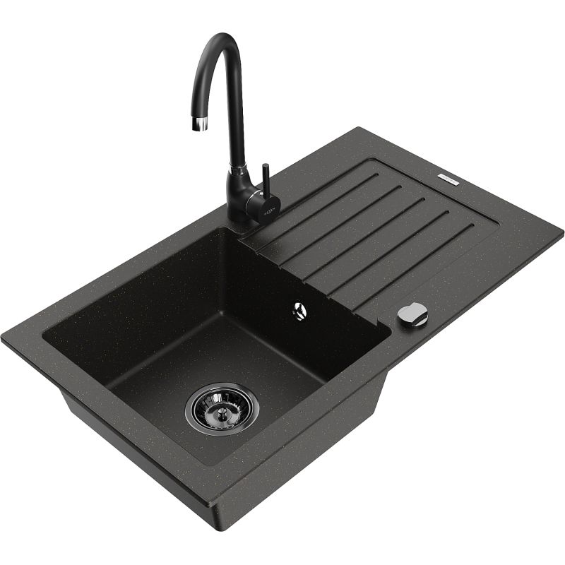 Zlewozmywak granitowy 1-komorowy Mexen Pablo z ociekaczem i baterią kuchenną Telma czarny/złoty 6510-75-670200-70-B