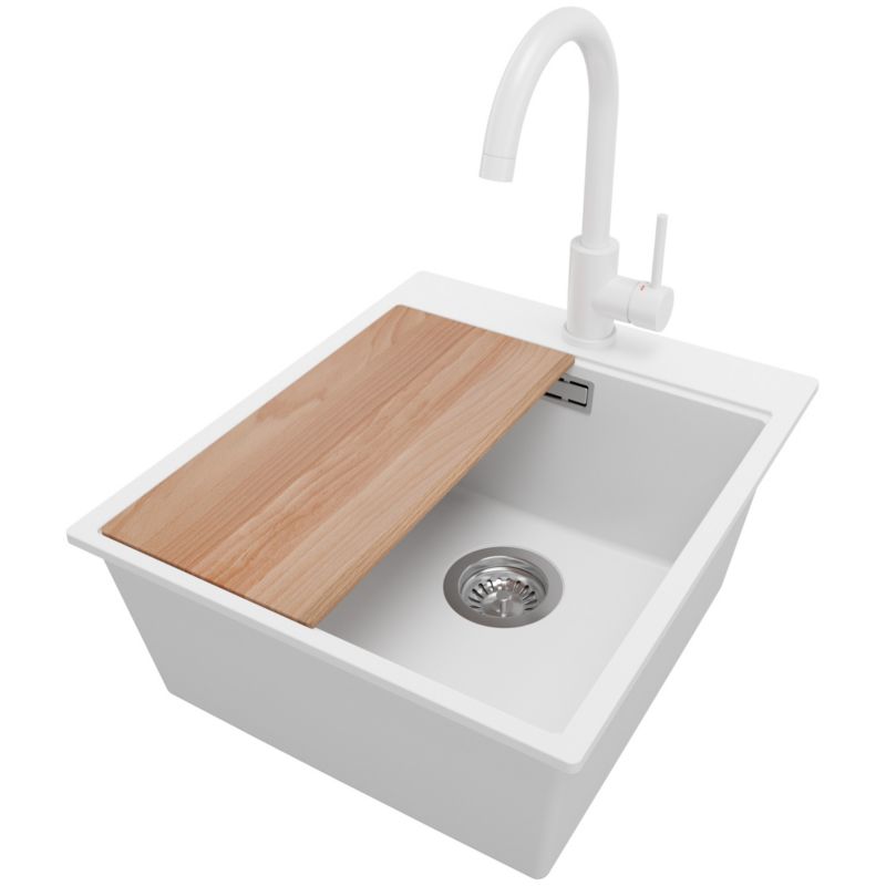 Zlewozmywak Granitowy Oslo PRIMAGRAN Nablatowy 43x50cm do szafki od 45cm, Biały + Bateria 32x20cm + Syfon + Deska, S195, 1 szt.