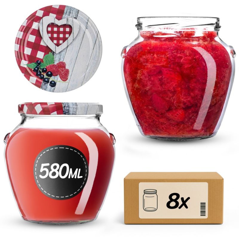 Słoiki KADAX na przetwory 580ml + wieczka "Krata z serduszkiem" 82mm 8szt.