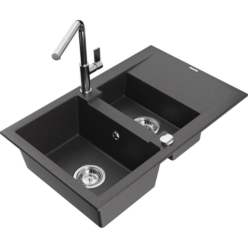 Zlewozmywak granitowy 1.5-komorowy Mexen Gaspar z ociekaczem i baterią Flora czarny nakrapiany - 6507-76-670401-70-B 1 szt.