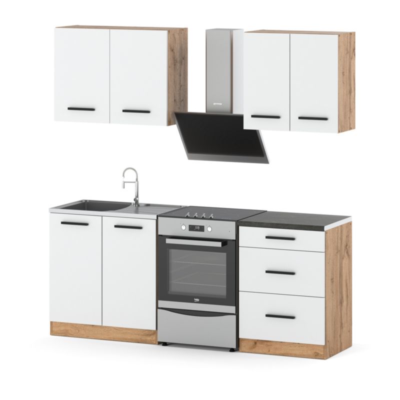 Zestaw Kuchenny Hurtownia-Mebli Z Blatem Kuchnia Mini Mokka 200cm Dąb Wotan Biały Mat 200x47x145 cm 1szt.