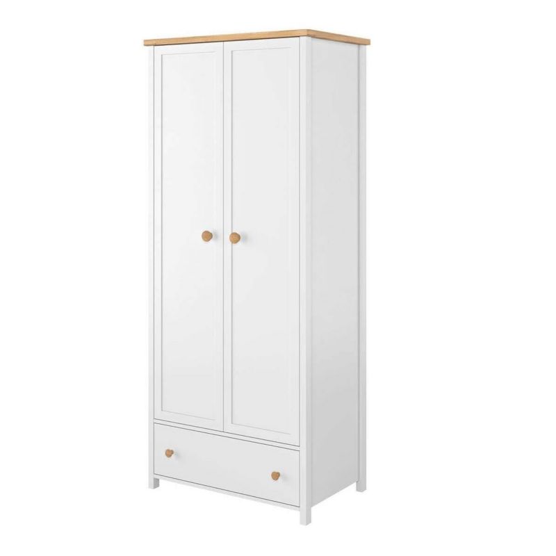 Wysoka biała szafa dwudrzwiowa STORY z pojemną szufladą i 2 drążkami na ubrania