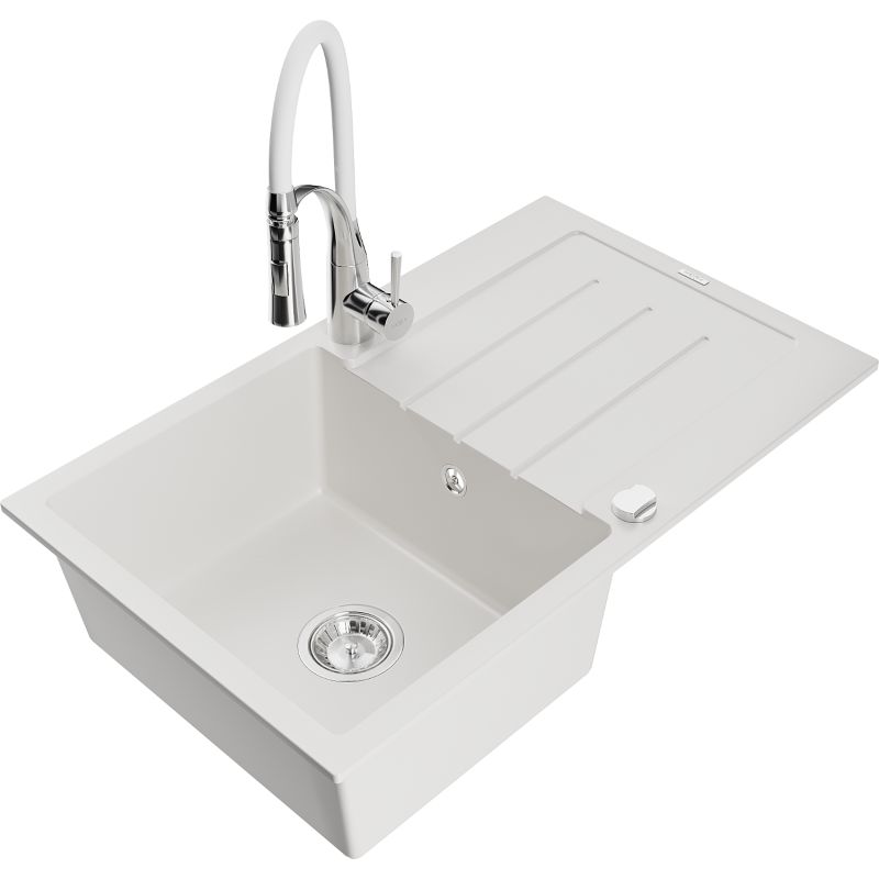 Zlewozmywak granitowy 1-komorowy Mexen Bruno z ociekaczem i baterią kuchenną Aster biały 6513-20-73450-02