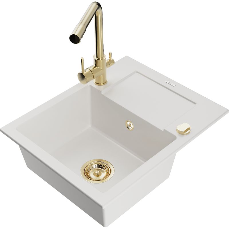 Zlewozmywak granitowy 1-komorowy Mexen Enzo z ociekaczem i baterią kuchenną Duero biały 6506-20-671600-50