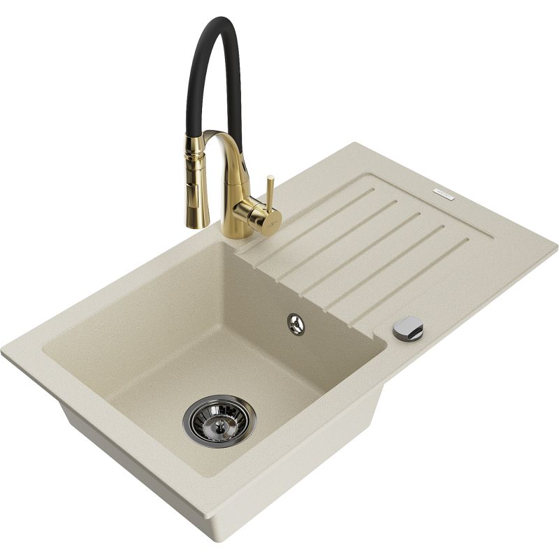 Zlewozmywak granitowy 1-komorowy Mexen Pablo z ociekaczem i baterią kuchenną Aster beżowy 6510-69-73450-57-B