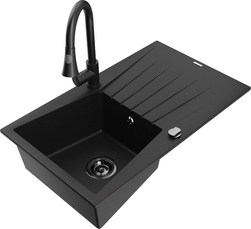 Zlewozmywak granitowy Mexen Cesar 1-komorowy z ociekaczem i baterią kuchenną Elia czarny - 6514-77-670101-50 1 szt.