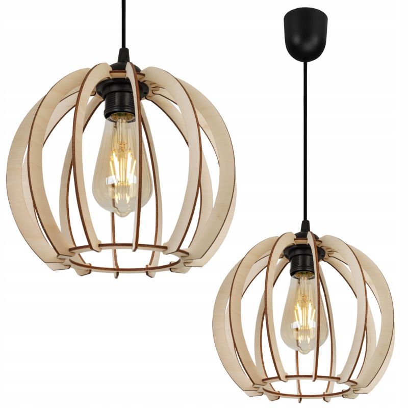 Lampa sufitowe wisząca Light Home LH Timber plastik 1x E27 60W klosz drewno kula 24cm naturalny/czarny 1szt.