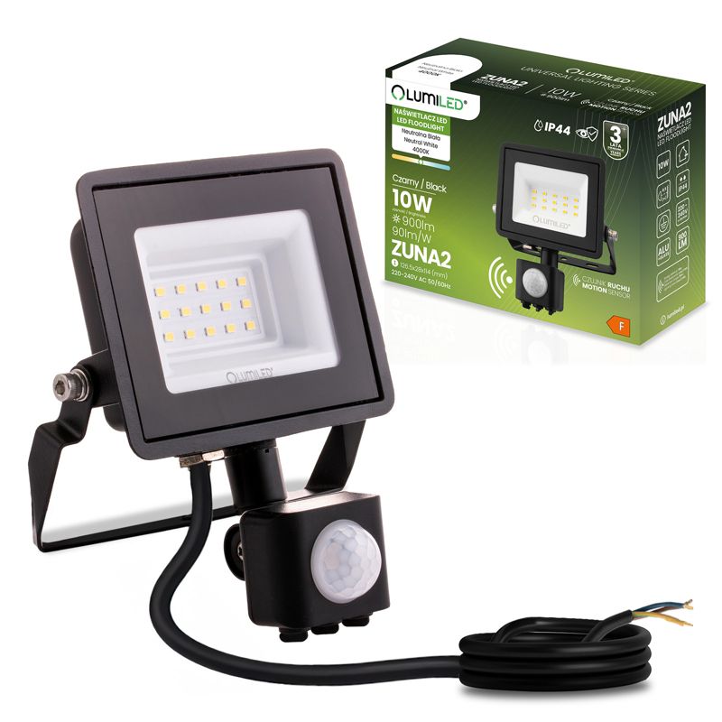 Naświetlacz LED Lumiled 10W 900lm 4000K IP44 Czarny z Czujnikiem Ruchu 1 szt.