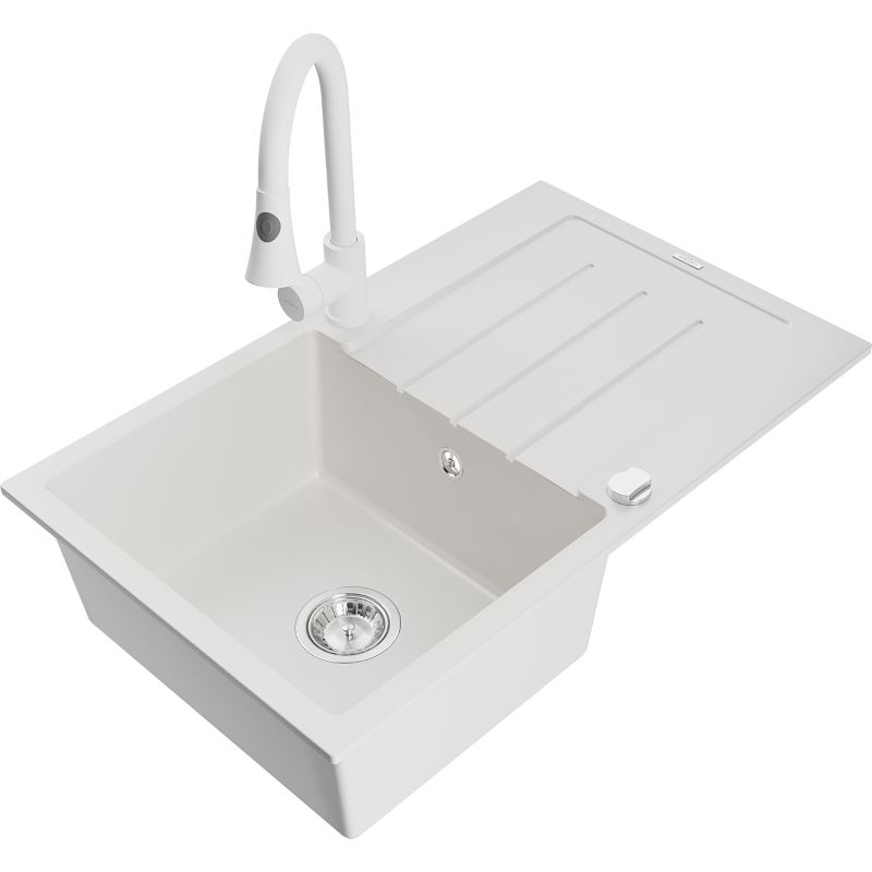 Zlewozmywak granitowy 1-komorowy Mexen Bruno z ociekaczem i baterią kuchenną Elia biały 6513-20-670101-20