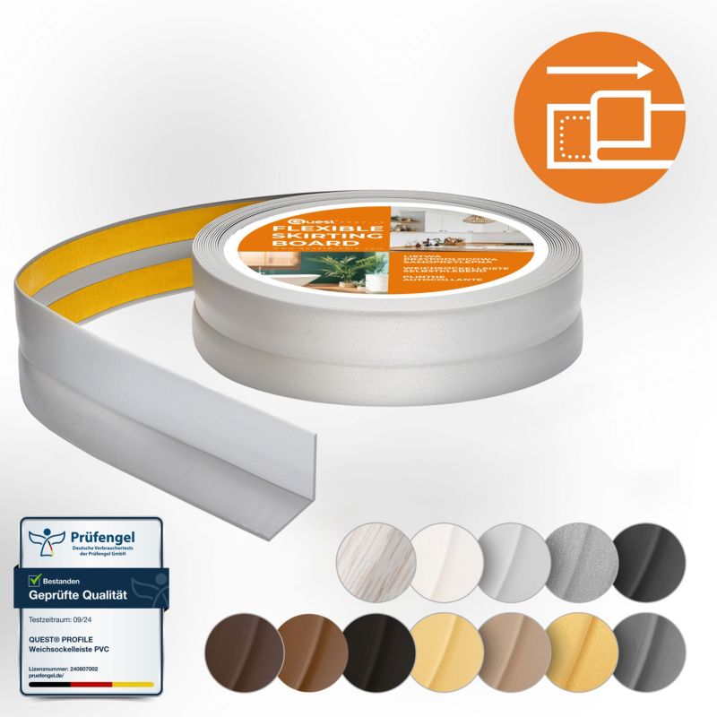 Listwa wykończeniowa PCV 25x15mm, QUEST, samoprzylepna, elastyczna, miękka taśma dekoracyjna, srebrny, 15m