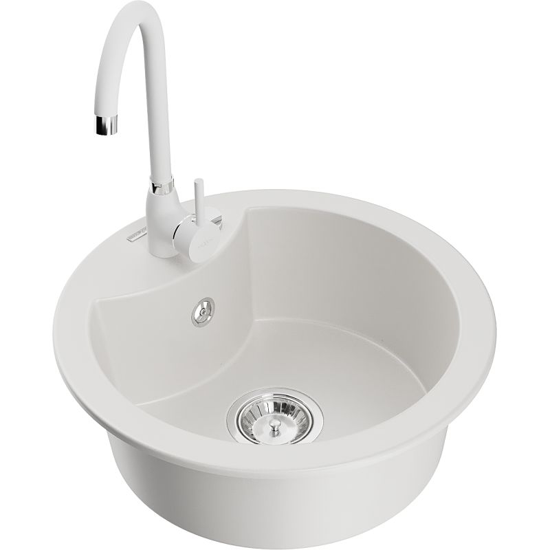 Zlewozmywak granitowy 1-komorowy Mexen Diego z baterią kuchenną Telma biały 6512-20-670200-20