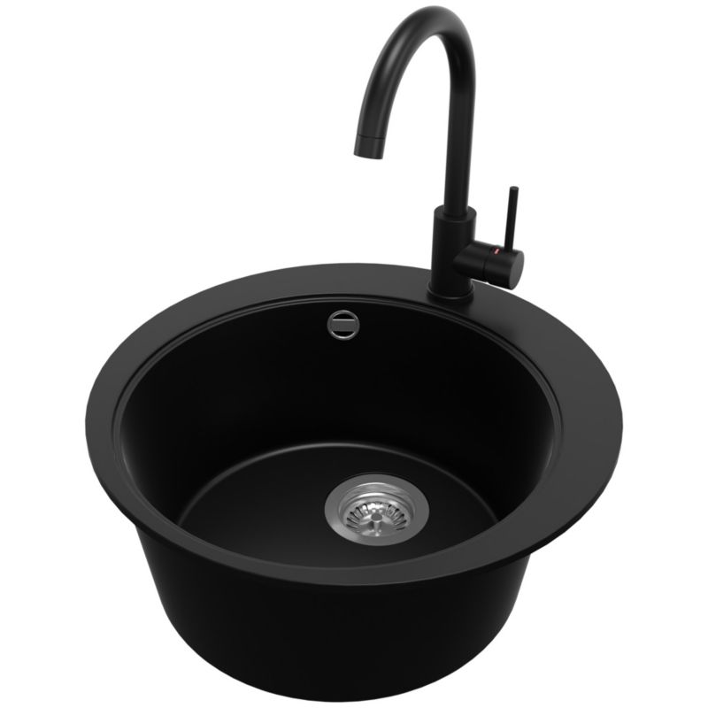 Zlewozmywak Granitowy Okrągły Piza PRIMAGRAN Nablatowy 50x50cm do szafki od 45cm z Syfonem i Baterią Czarny 1 szt.