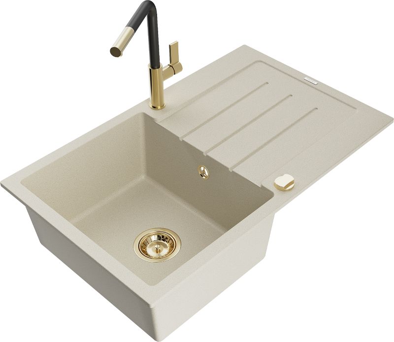 Zlewozmywak granitowy Mexen Bruno 1-komorowy z ociekaczem i baterią kuchenną Flora beżowy - 6513-69-670401-07-B 1 szt.