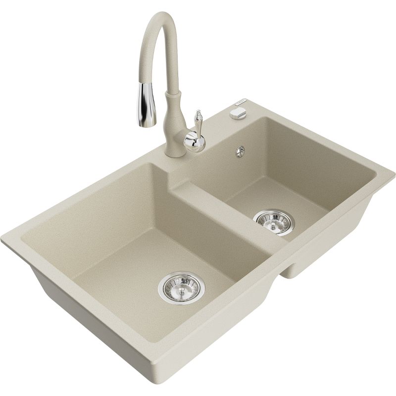 Zlewozmywak granitowy 2-komorowy Mexen Tomas z baterią kuchenną Savita beżowy 6516-69-672601-69