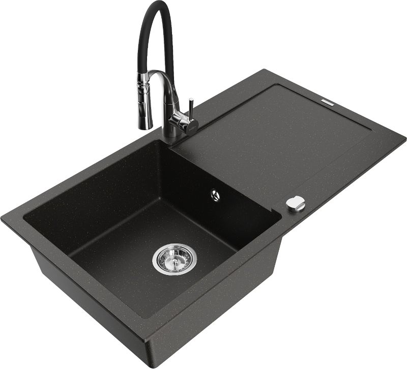 Zlewozmywak granitowy Mexen Leo 1-komorowy z ociekaczem i baterią kuchenną Aster czarny/złoty 6501-75-73450-07