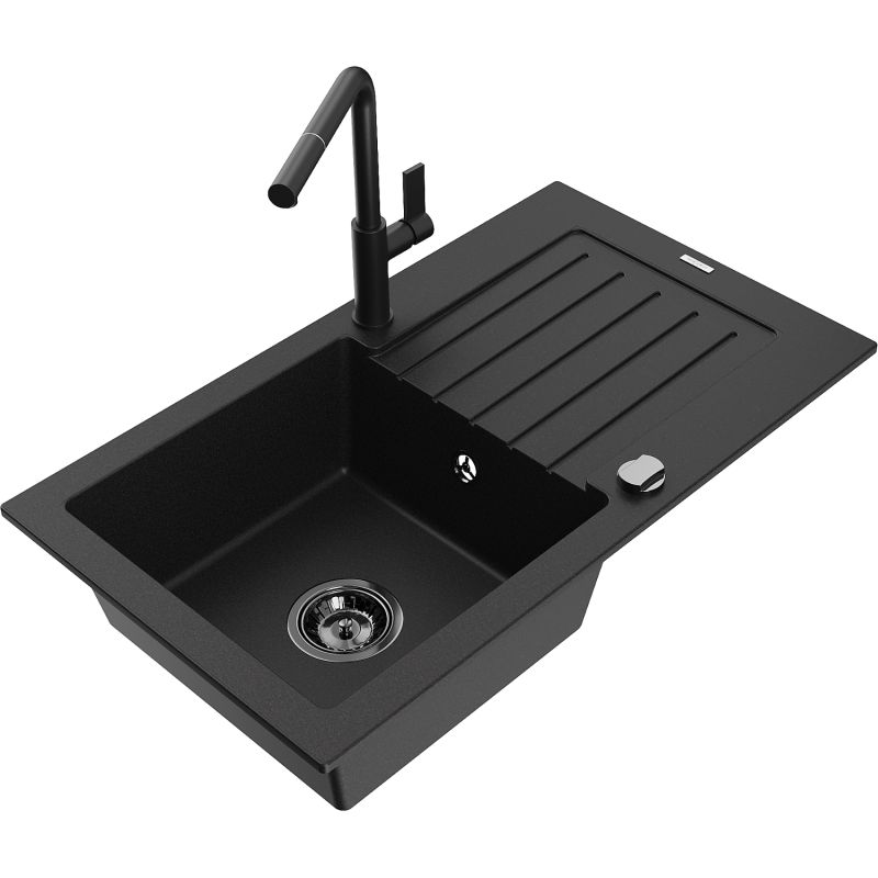 Zlewozmywak granitowy 1-komorowy Mexen Pablo z ociekaczem i baterią kuchenną Flora czarny nakrapiany - 6510-76-670401-75-B 1 szt.