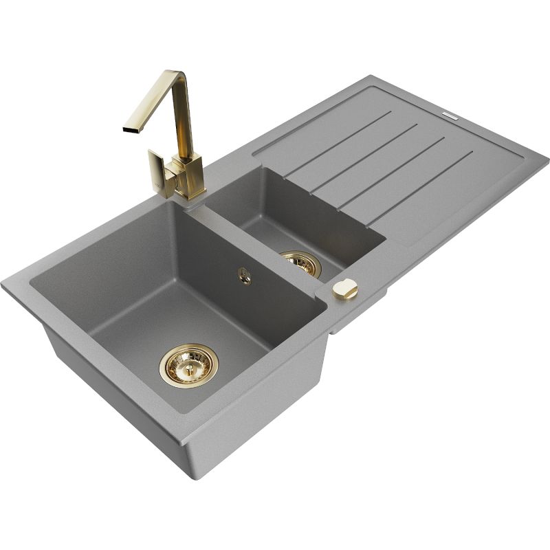 Zlewozmywak granitowy 1.5-komorowy Mexen Andres z ociekaczem i baterią kuchenną Rita szary 6515-71-670300-50