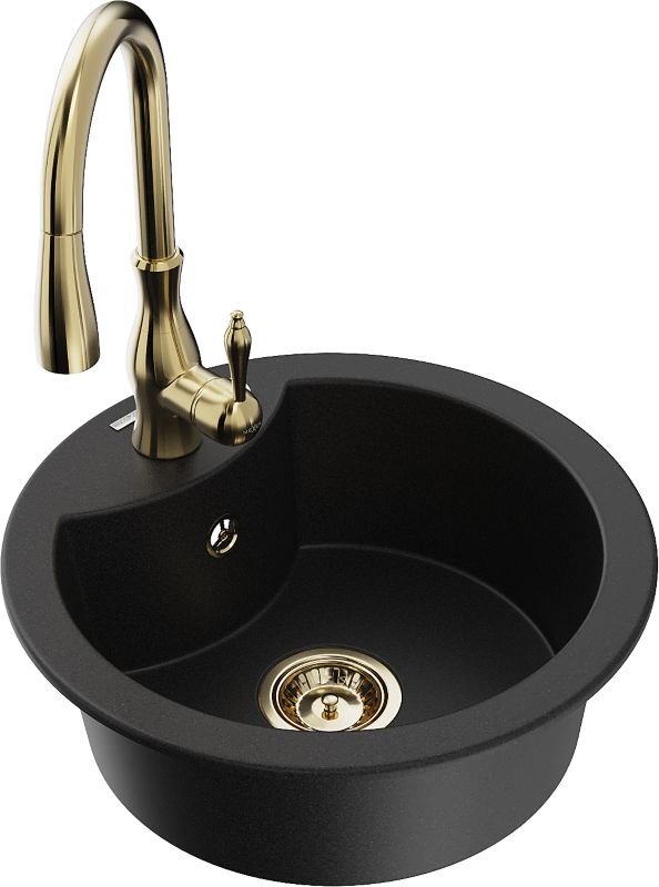 Zlewozmywak granitowy Mexen Diego 1-komorowy z baterią kuchenną Savita czarny 6512-77-672601-50