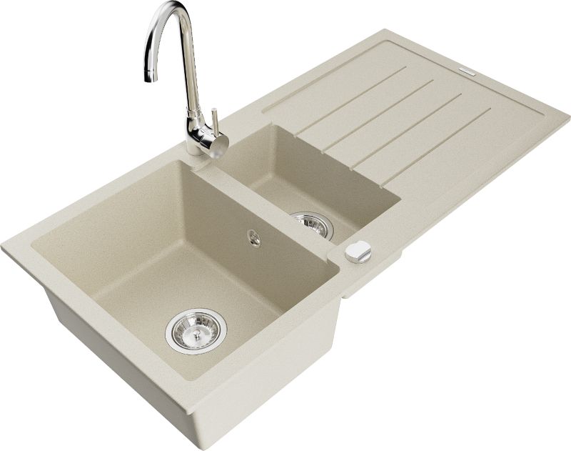 Zlewozmywak granitowy Mexen Andres 1,5-komorowy z ociekaczem i baterią kuchenną Telma beżowy 6515-69-670200-00