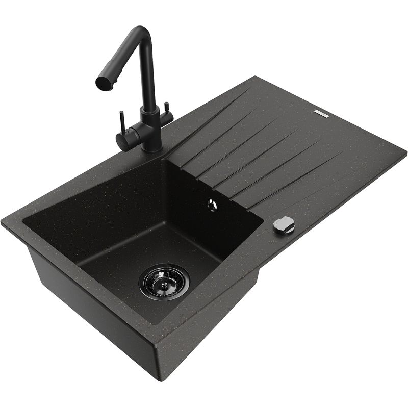 Zlewozmywak granitowy 1-komorowy Mexen Cesar z ociekaczem i baterią kuchenną Duero czarny/złoty metalik 6514-75-671600-70-B