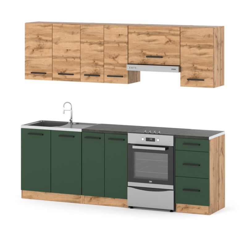 Zestaw Kuchenny Hurtownia-Mebli Z Blatem Kuchnia Mokka 240cm Dąb Wotan Dąb Wotan/Butelkowa Zieleń 240x47x145 cm 1szt.