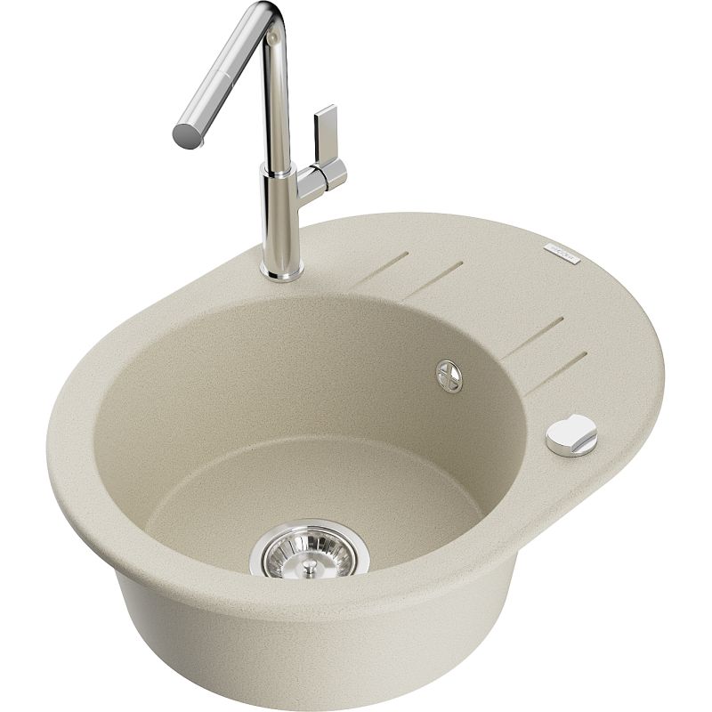 Zlewozmywak granitowy 1-komorowy Mexen Kevin z ociekaczem i baterią kuchenną Flora beżowy 6517-69-670401-00