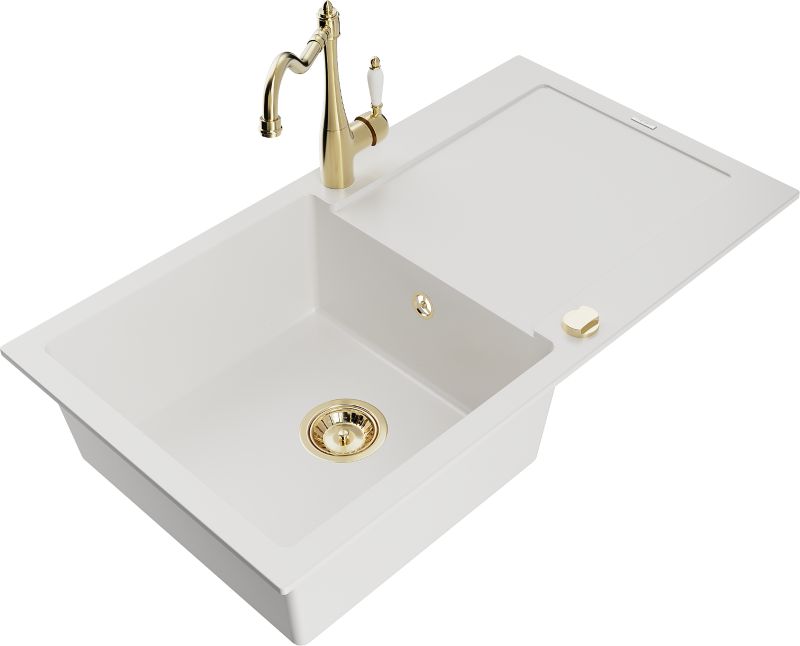 Zlewozmywak granitowy Mexen Leo 1-komorowy z ociekaczem i baterią kuchenną Carla biały - 6501-20-670700-00 1 szt.