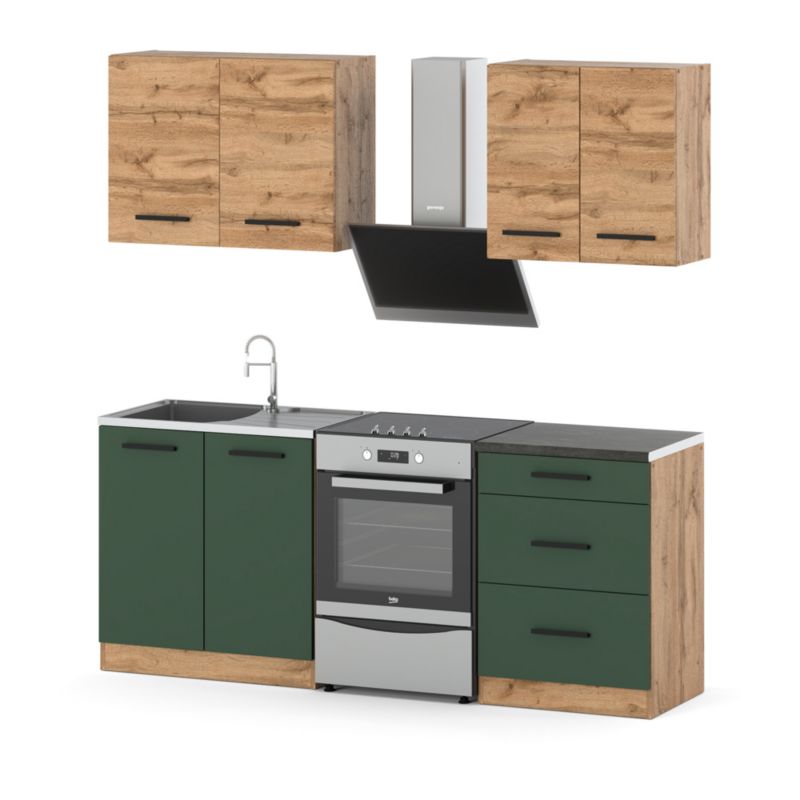 Zestaw Kuchenny Hurtownia-Mebli Z Blatem Kuchnia Mini Mokka 200cm Dąb Wotan Dąb Wotan/Butelkowa Zieleń 200x47x145 cm 1szt.
