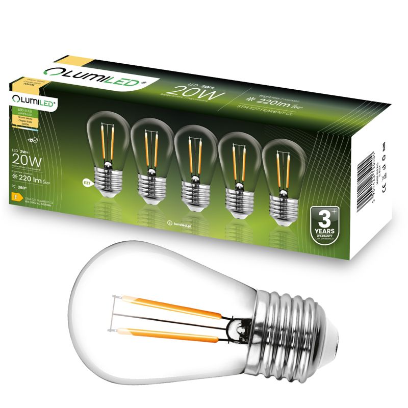 Żarówka LED Lumiled E27 Dekoracyjna Edison ST14 2W 220lm 3000K 360st Filament 5 szt.