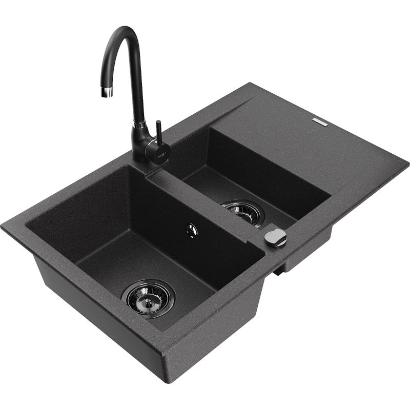 Zlewozmywak granitowy 1.5-komorowy Mexen Gaspar z ociekaczem i baterią Telma czarny nakrapiany - 6507-76-670200-00 1 szt.