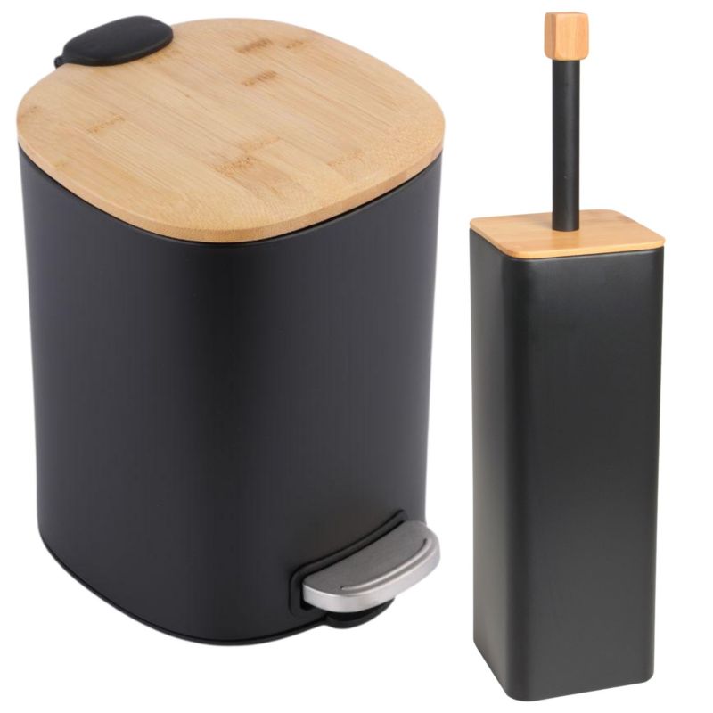 Zestaw Łazienkowy OSTI AMBA - YOKA HOME: Kosz na śmieci kwadratowy i Szczotka do WC CZARNY/BAMBUS- 1 szt.