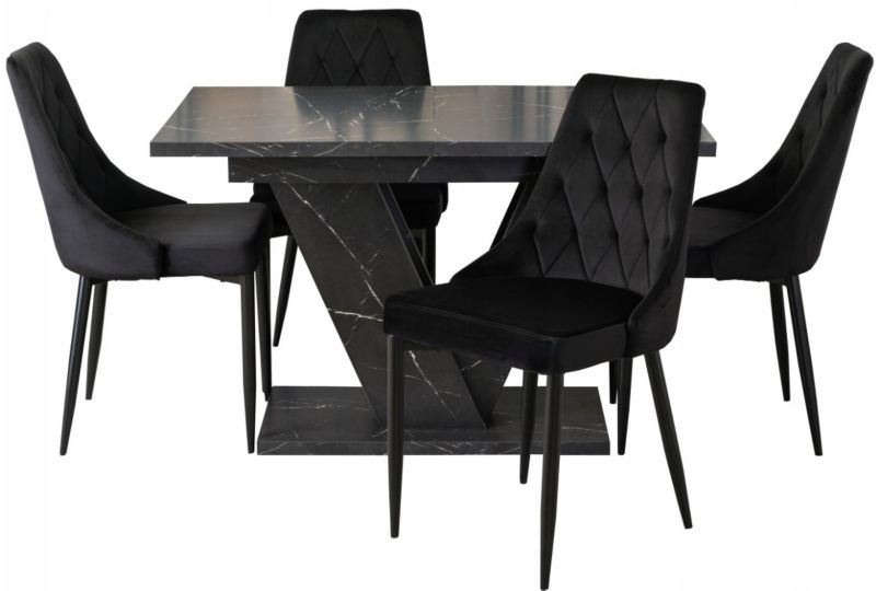 Zestaw Stół i 4 Krzesła Mebel Elite Clark 120-160 cm Czarny Marmur i Cork Czarne Welurowe 1 kpl