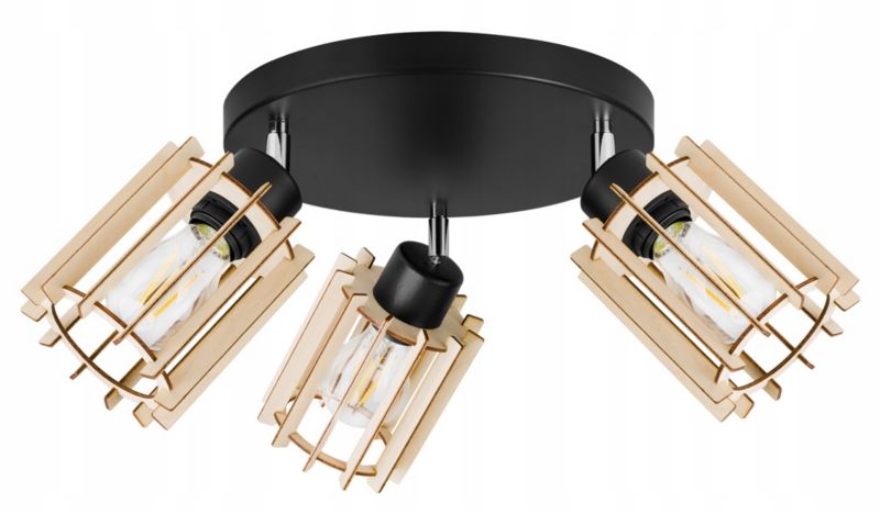 Lampa sufitowa wisząca Light Home LH Timber drewno 3x E27 60W okrągły klosz tuba czarny 1szt.