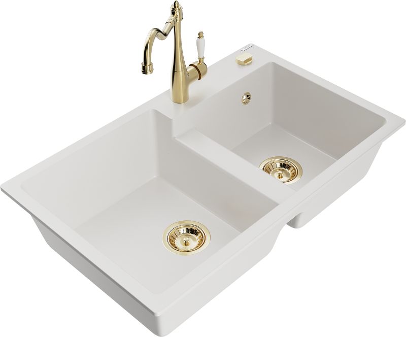 Zlewozmywak granitowy Mexen Tomas 2-komorowy z baterią kuchenną Carla biały - 6516-20-670700-00 1 szt.