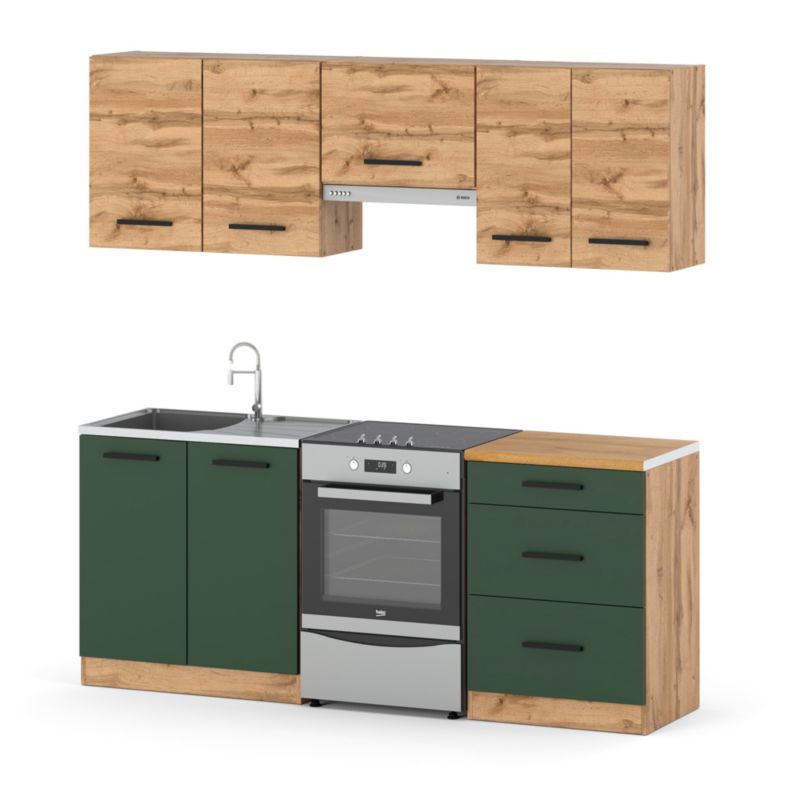Zestaw Kuchenny Hurtownia-Mebli Z Blatem Kuchnia Mini Mokka Plus 200cm Dąb Wotan Dąb Wotan/Butelkowa Zieleń 200x47x145 cm 1szt.