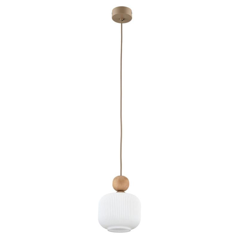 Lampa Wisząca Tk-Lighting Ballo drewno klosz biały ryflowany - 1szt.