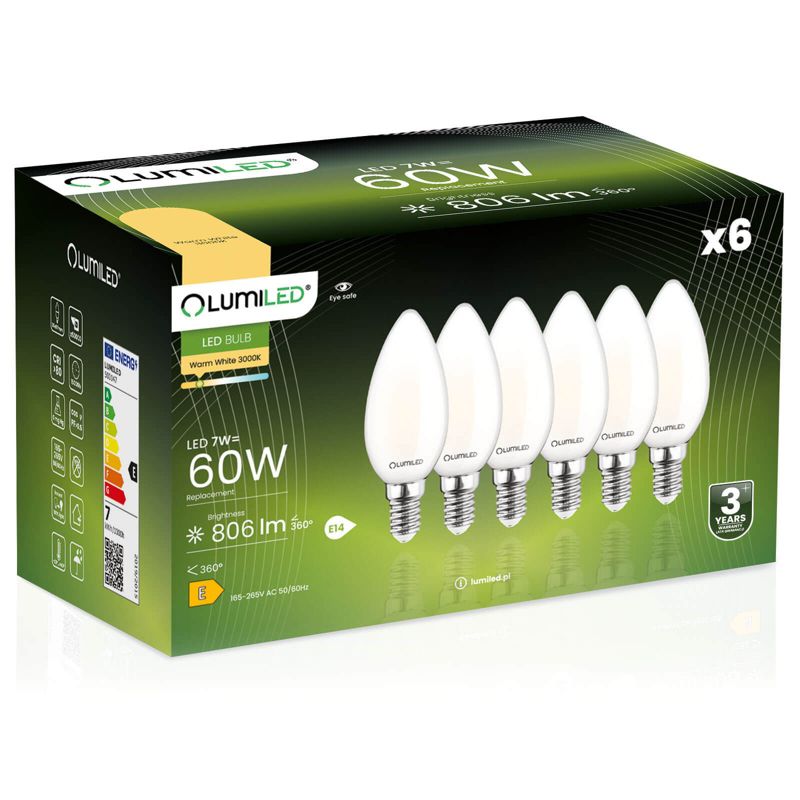 Żarówka LED LUMILED E14 B35 7W 806lm 3000K 360st FILAMENT 6 szt.