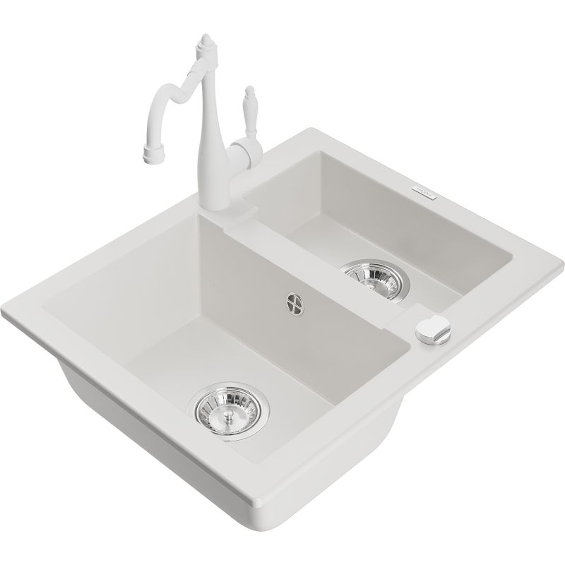 Zlewozmywak granitowy 1.5-komorowy Mexen Carlos z baterią kuchenną Carla biały 6518-20-670700-20