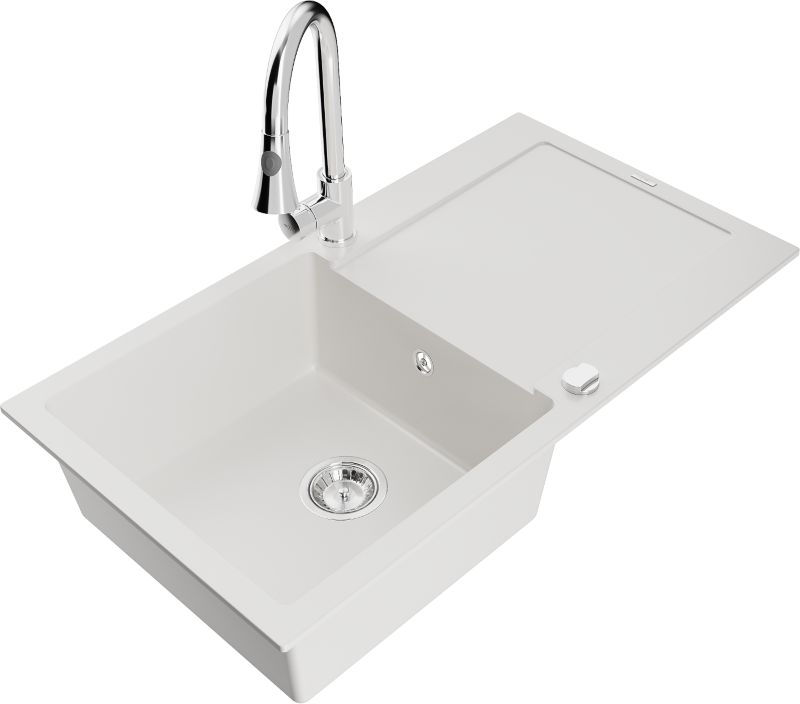 Zlewozmywak granitowy Mexen Leo 1-komorowy z ociekaczem i baterią kuchenną Elia biały - 6501-20-670101-50 1 szt.