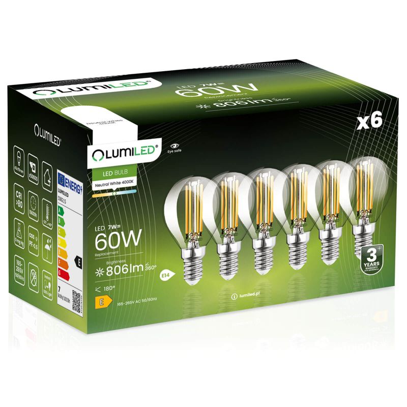 Żarówka LED LUMILED E14 P45 7W 806lm 4000K 360st FILAMENT 6 szt.