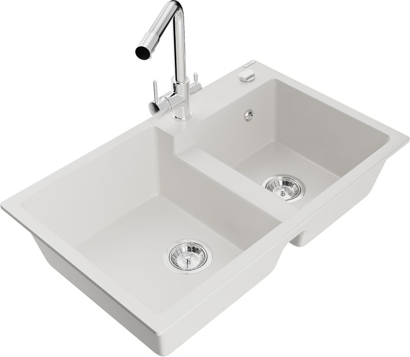 Zlewozmywak granitowy Mexen Tomas 2-komorowy z baterią kuchenną Duero biały - 6516-20-671600-70 1 szt.