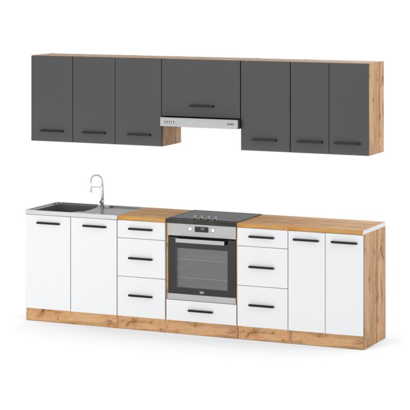 Zestaw Kuchenny Hurtownia-Mebli Z Blatem Kuchnia Roma 280cm Dąb Wotan Szary Mat/Biały Mat 280x47x145 cm 1szt.