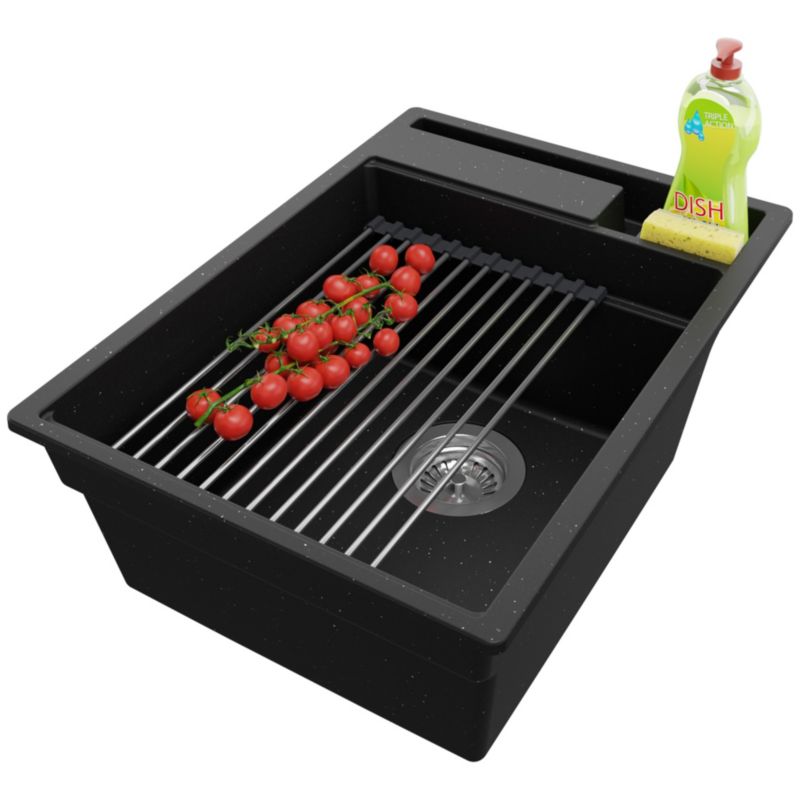 Zlewozmywak Oslo Pocket PRIMAGRAN Nablatowy 38x53cm do szafki od 40cm z Syfonem i Dodatkiem Czarny Metalik 1 szt.