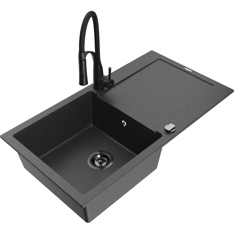 Zlewozmywak granitowy 1-komorowy Mexen Leo z ociekaczem i baterią kuchenną Aster czarny nakrapiany 1 szt.