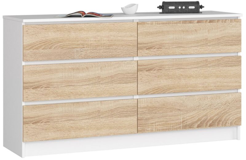 Komoda Akord K140 Biała 138 cm 6 szuflad kolor Dąb Sonoma mat 138x40x77 cm 1 szt.
