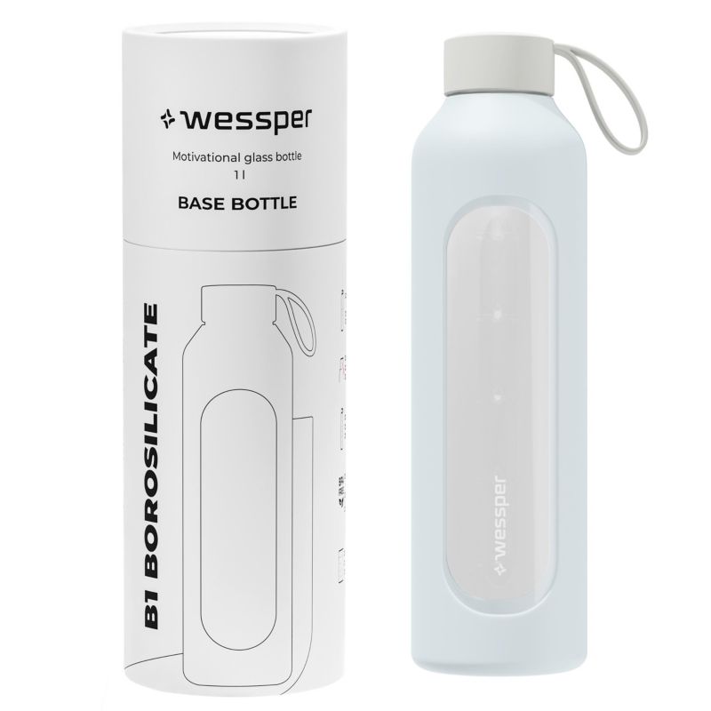 Butelka na wodę, Wessper B1, motywacyjna, z miarką, z etui silikonowym, szkło borokrzemowe, bidon, 1000ml, lodowy błękit, 1szt