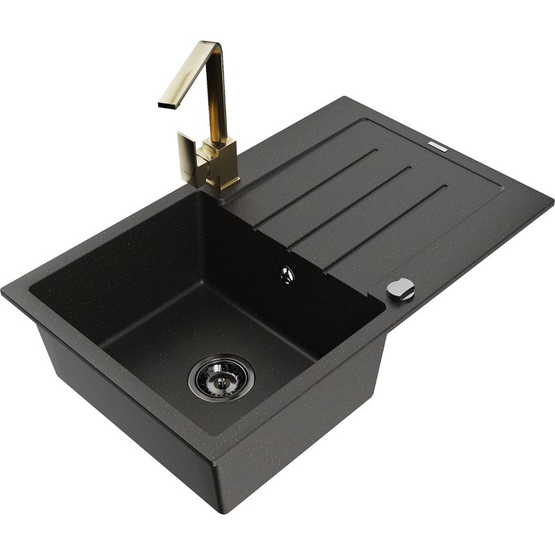 Zlewozmywak granitowy 1-komorowy Mexen Bruno z ociekaczem i baterią kuchenną Savita biały - 6513-20-672601-00 1 szt.