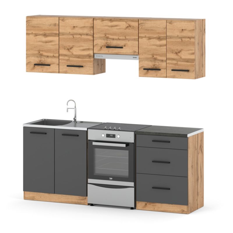 Zestaw Kuchenny Hurtownia-Mebli Z Blatem Kuchnia Mini Mokka Plus 200cm Dąb Wotan Dąb Wotan/Szary Mat 200x47x145 cm 1szt.