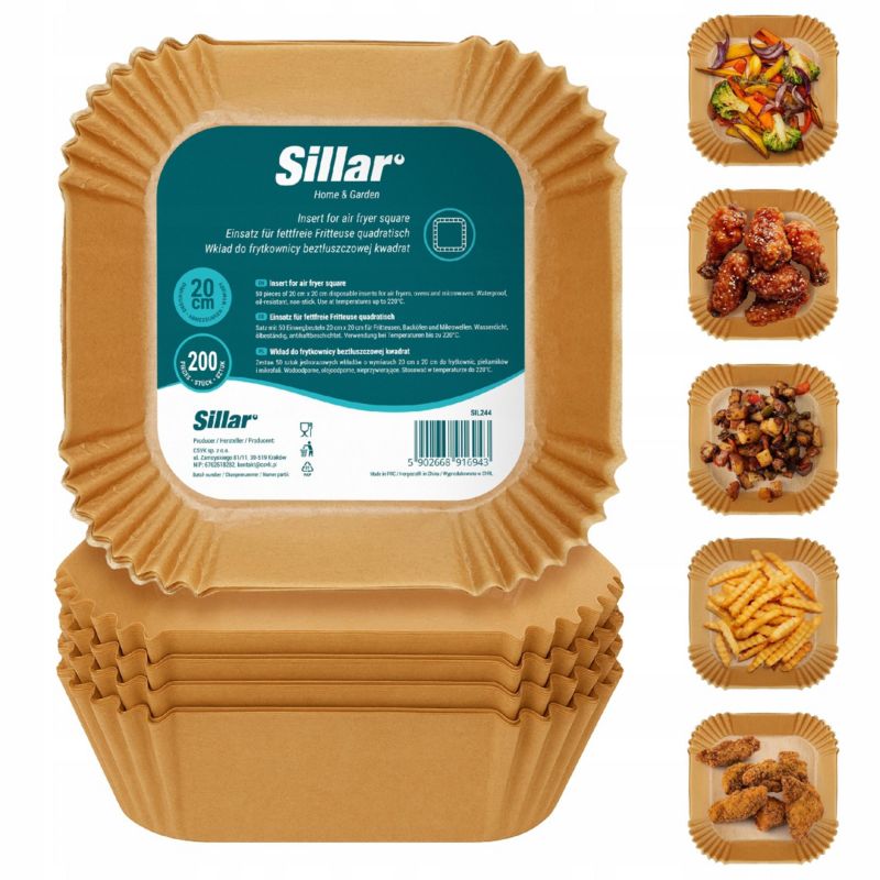 Papier do pieczenia, Sillar, do Air Fryer, frytkownicy, piekarnika, wkład, nieprzywierający, 20x20cm, kwadratowy, 200szt